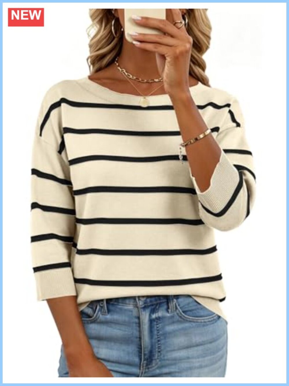 Womens Boat Neck 3/4 Sleeve Lightweight Knit Pullover Sweater